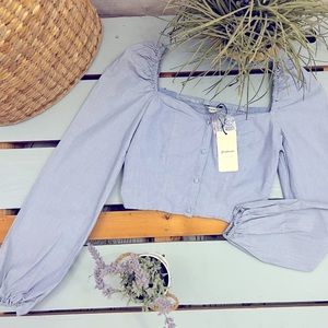 NWT Stradivarius Chambray Square Neck Long Sleeve Crop Top Size S